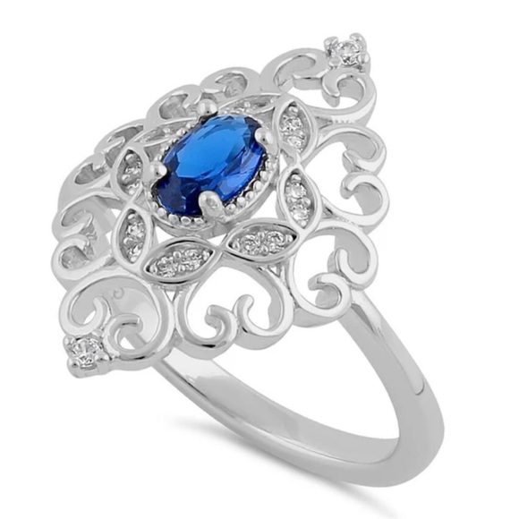 925 STERLING SILVER Simulated Blue Sapphire Cubic Zirconia Filigree Ring - Picture 14 of 16